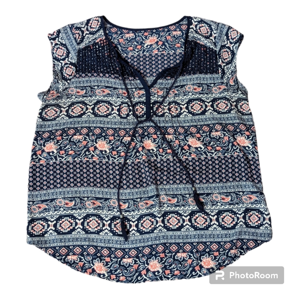 Signature Studio Western Blue Floral Print Lace SS Shirt. Women's Large